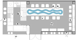 Black and white floor plan of a well-organized building with clear divisions between kitchen, dining area, living room, and bedroom