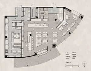 Detailed modern restaurant floor plan with labeled dining, kitchen, and restroom areas