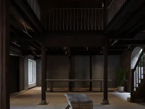 Dark outdoor space with a stone table surrounded by pillars and potted plants, creating a mysterious ambiance