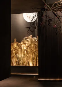 A darkened room filled with wheat stalks arranged to create a sense of depth and dimension, evoking a serene and contemplative atmosphere