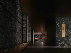 Dark interior hallway with a stone wall and a wooden wall, featuring two windows and natural light
