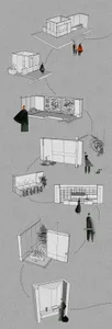 Architectural drawing of a modern residential interior with multiple rooms, including a dining area, kitchen, and living room, featuring various furniture and occupants