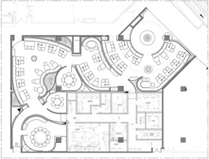 A modern floor plan with white walls, open areas, and well-defined spaces