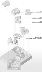Architectural design of a hotel with multiple levels, featuring various rooms and a luxurious atmosphere