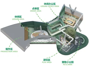 2D floor plan of a modern commercial building with various spaces, including a lobby, lounge area, and play area, featuring linework, labels, and measurements