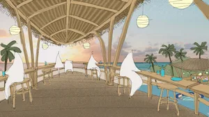 Beachside restaurant with a thatched roof, wooden elements, tables, chairs, and umbrellas, set in a relaxed and inviting atmosphere