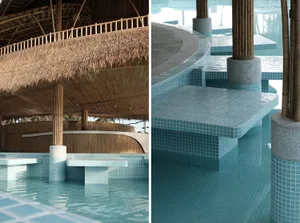 A relaxing pool area with a wooden structure and inviting atmosphere, perfect for leisure time