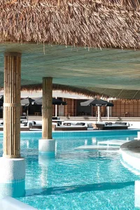 A pool area with a large pool surrounded by chairs and umbrellas, providing a comfortable outdoor space for relaxation