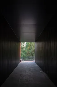 A dark hallway with a black doorway leading to a room with trees visible through it