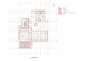 2D floor plan of a modern hotel with clear lines, defined spaces, and various rooms including a kitchen and dining area