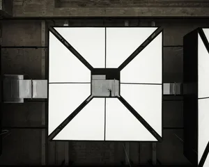 A modern interior space with a large white square structure featuring a glass-like appearance, set against a neutral background
