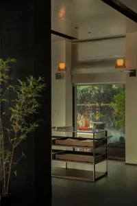 現代客廳區域，配有玻璃桌、兩把椅子，以及背景中的盆栽，特色為黑色檯面，強調功能性與整潔收納