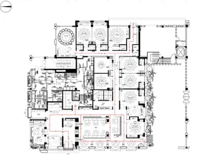 A modern architectural floor plan with white walls, open areas, and well-defined spaces