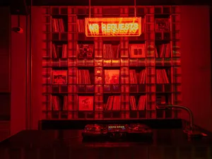 A cozy room filled with bookshelves, records on the walls, and a warm atmosphere, perfect for reading or listening to music