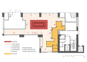 Detailed modern hotel floor plan with labeled rooms, amenities, and furniture layout