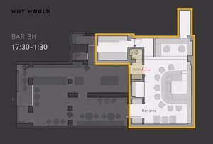Black and white floor plan of a modern hotel with labeled rooms, including a bathroom, toilet, and dining area