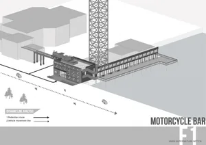 A modern building with a gray and white facade, featuring a large tower and two motorcycles parked outside, set in a contemporary and stylish urban environment