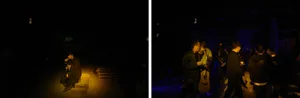 Two scenes, a dark music studio with a man and a guitar case, and a brightly lit public space with people engaged in various activities