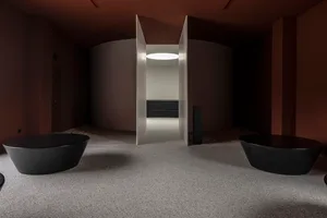 A modern hallway with a carpeted floor, black decorative objects, and a doorway leading to another room