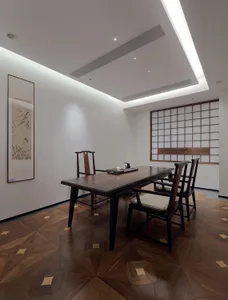 Cozy Asian-style dining area with a wooden table and chairs, designed for intimate gatherings or family meals