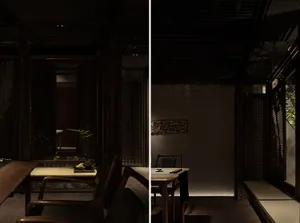 A cozy restaurant dining area with chairs around tables, potted plants, and cups, creating a warm and inviting atmosphere for guests to dine and relax