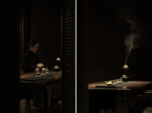 A woman sits at a wooden dining table with chairs and a bowl, enjoying a meal in one scene, and preparing food in the other, in a cozy and intimate setting