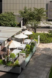 Inviting outdoor dining area with tables, chairs, umbrellas, and potted plants