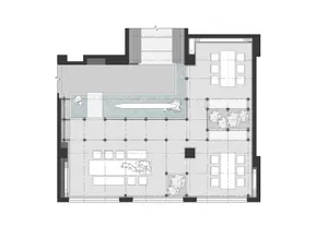 A modern living space with open layout, featuring a living room, dining area, kitchen, bedroom, and bathroom, with comfortable seating, a dining table, and stylish design
