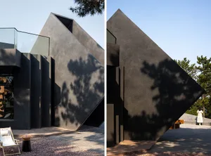Black and white photos of a modern building's exterior and interior, featuring clean lines, minimalistic elements, and a sleek concrete structure