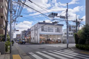熱鬧的都市街景，包含大型白色建築、行人、自行車，以及各式車輛，包括汽車與卡車，紅綠燈散佈其中
