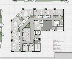 2D floor plan of a modern building with clean lines, minimalistic design, and clear indications of doorways, hallways, and other essential features