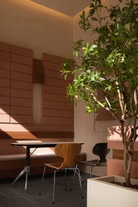 Dining area with a wooden table and modern chairs in a cozy and inviting restaurant or cafe setting