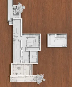 兩層樓住宅的建築渲染圖，融入木質元素，展現各式房間與現代機能設計