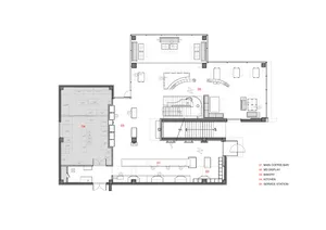 2D floor plan of a hotel with modern and traditional elements, featuring a kitchen, dining room, living room, and bedrooms, with white materials and natural light