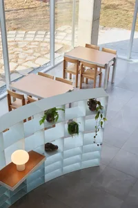 A warm and inviting dining space with multiple tables and chairs, potted plants, and a vase, suitable for social gatherings or meals