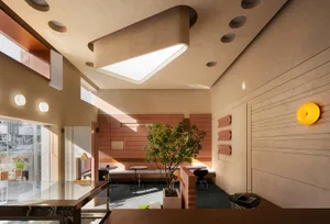 Open living area with wood flooring, stone walls, glass surfaces, and modern furniture, featuring a potted plant and a dining table with chairs