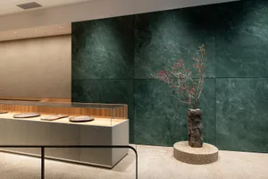 Elegant showroom with a large green marble wall, a small tree in a pot, and displayed items against a luxurious backdrop