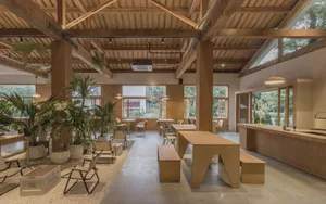Warm and inviting open concept living area with wooden floors, ceiling beams, and natural elements like plants and wood