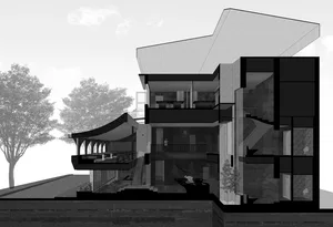 A modern house with multiple levels, clean lines, and minimalistic design elements, well lit with natural and artificial light