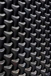 A modern indoor space with a black metal design resembling a brick wall or patterned floor, featuring a combination of materials and patterns, with black metal dominating the scene, and possible hints of gray or silver, in a well-lit environment