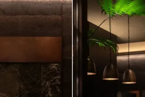 Cozy living space with stone walls, wooden elements, and a potted plant adding to the ambiance