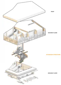 2D floor plan of a modern building with a staircase, doors, and windows, showcasing a functional layout with clean lines and minimal decoration