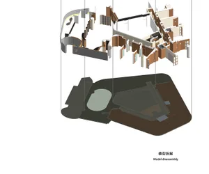 Architectural model of a modern building with a large open central area, smaller rooms, and hallways, showcasing a well-planned interior design