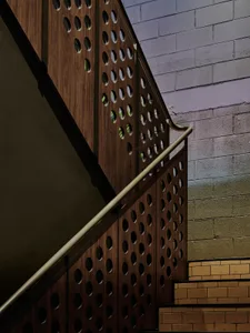 A rendered image of a staircase leading to a second floor with worn wooden steps and holes in the surface, suggesting age and history
