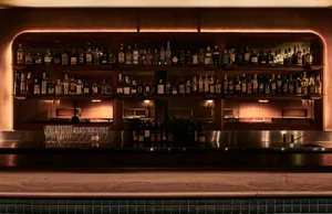 A sophisticated bar area with a wooden countertop, liquor bottles, and wine glasses, creating a warm and inviting atmosphere