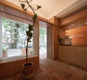 A modern coffee shop with a large window, potted plants, and decorative vases, featuring a combination of wood and stone materials and a warm atmosphere