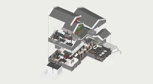 A modern house with a multi-level design featuring a living area, dining area, kitchen, and bedrooms, with wood and tile flooring, diverse colored walls, and natural and artificial lighting