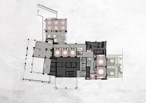 Detailed floor plan of a mixed-style building with various rooms and spaces, well-lit with natural light through windows and skylights