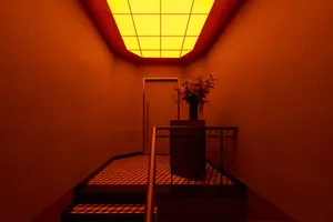 A warm and inviting hotel hallway with orange lighting, potted plants, and a staircase leading to another level