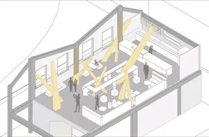 Open office space with modern seating, natural light, and multiple dining tables